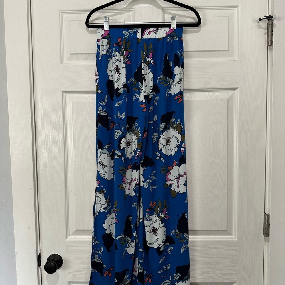 Gill Blue Floral Wide Leg Palazzo Pants White Flower Print Bohemian Flowy Casual